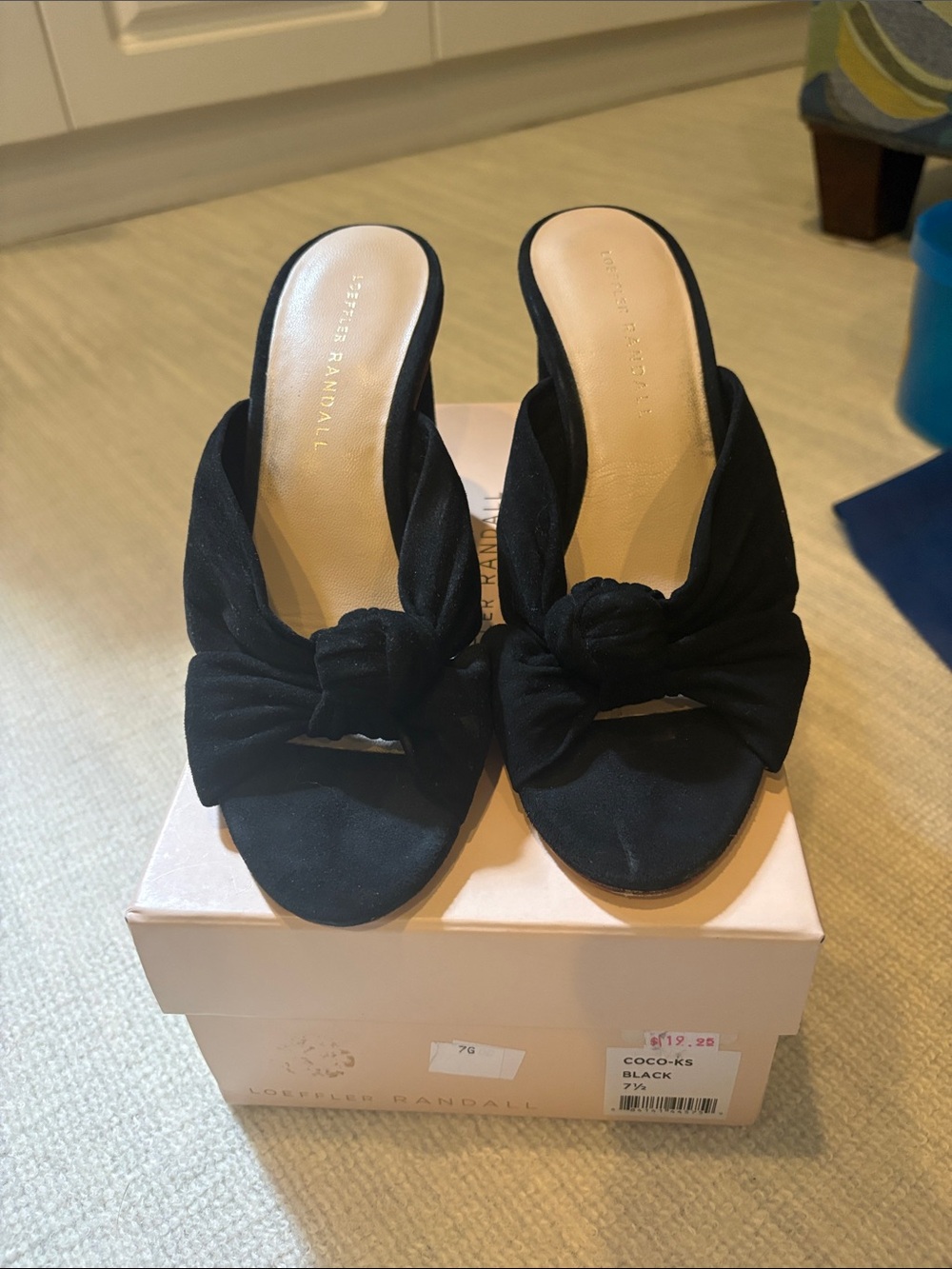 Loeffler Randall Black Knotted Open-Toe Mules. Black Suede.
